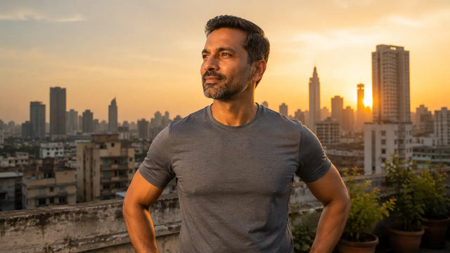Healthy Indian man over 40 following a morning wellness routine to support energy and vitality.