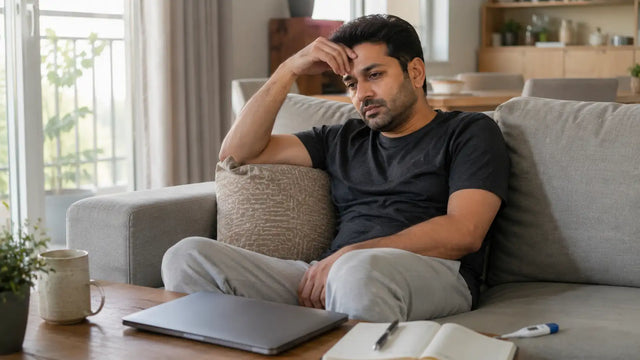 Indian person experiencing long COVID fatigue and brain fog at home