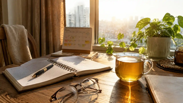 Wellness journal and morning routine setup representing perimenopause health awareness