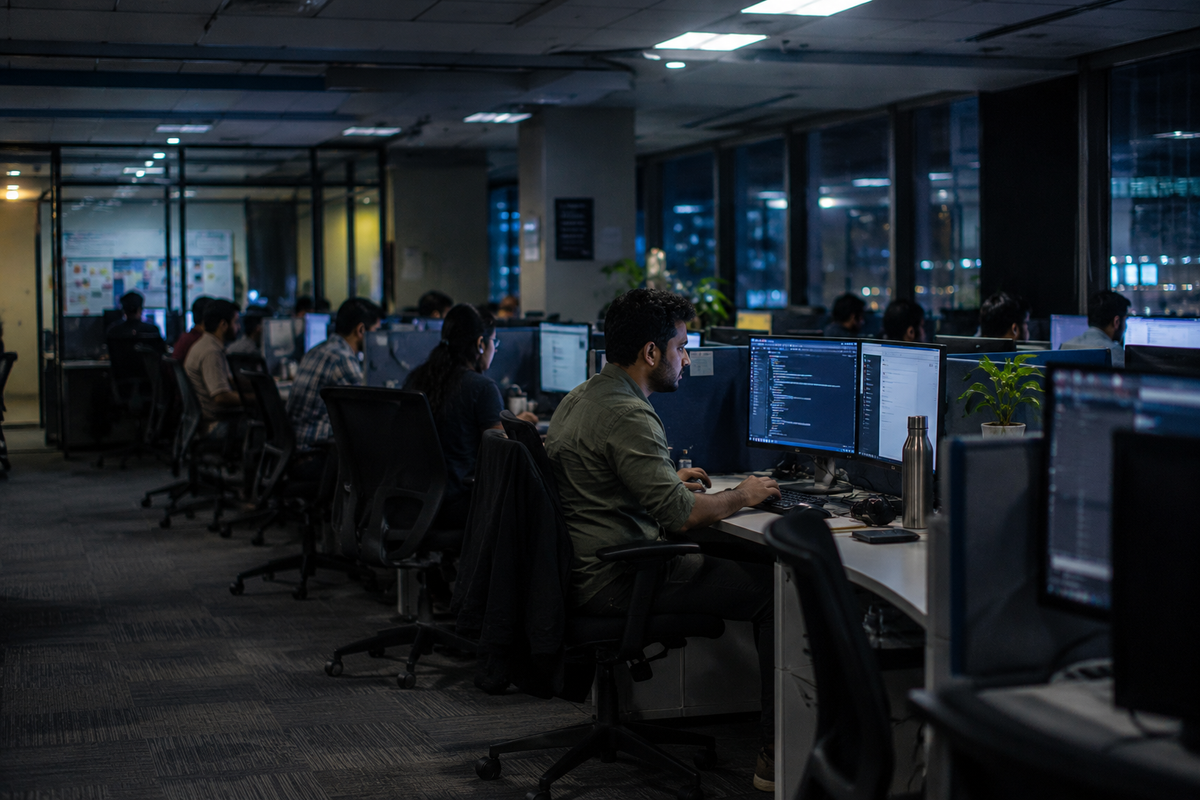 Night-shift team working at monitors in an Indian IT office