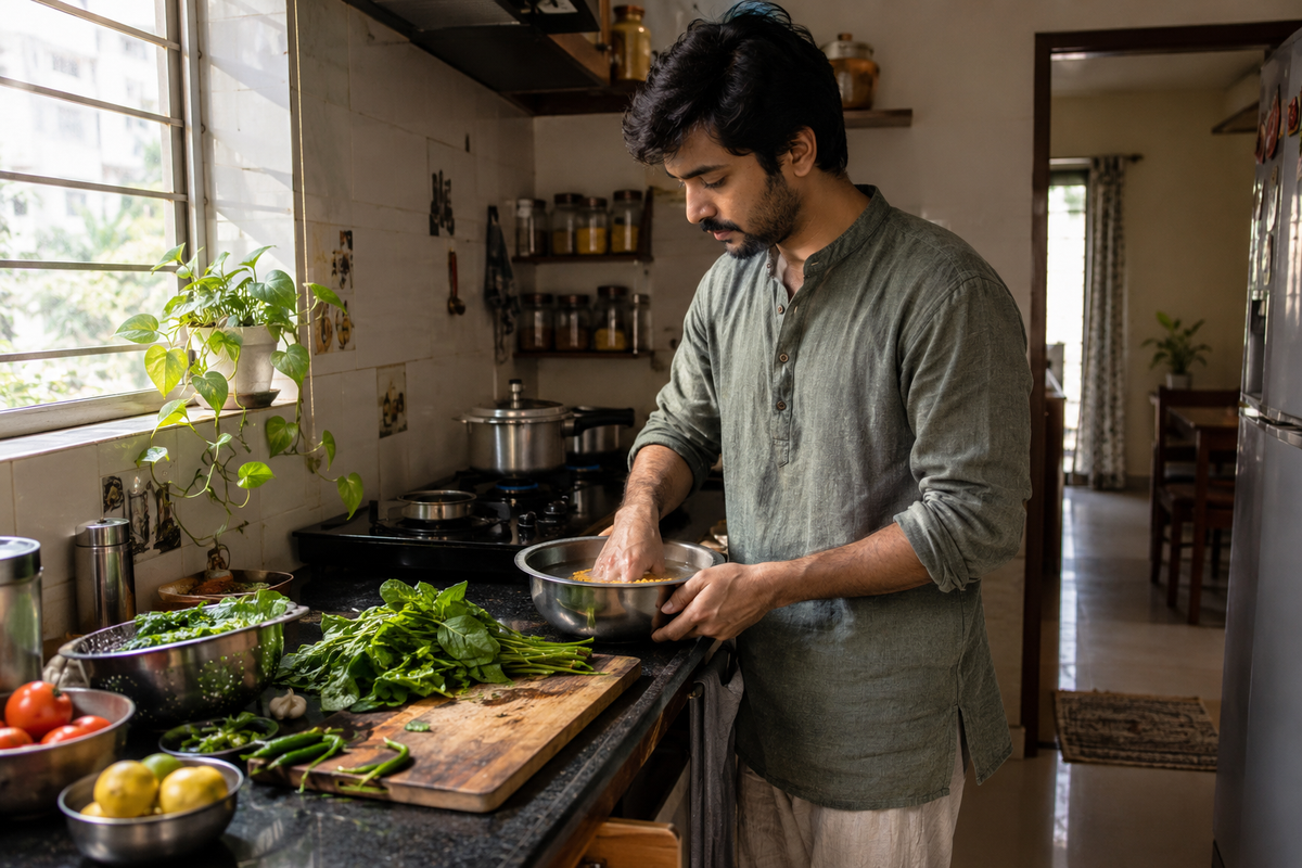 Leafy greens and vegetables being prepared in an Indian home kitchen