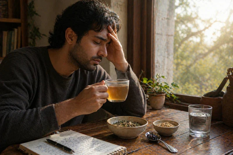 Ayurvedic herbs like ashwagandha brahmi and shilajit used for fatigue recovery support