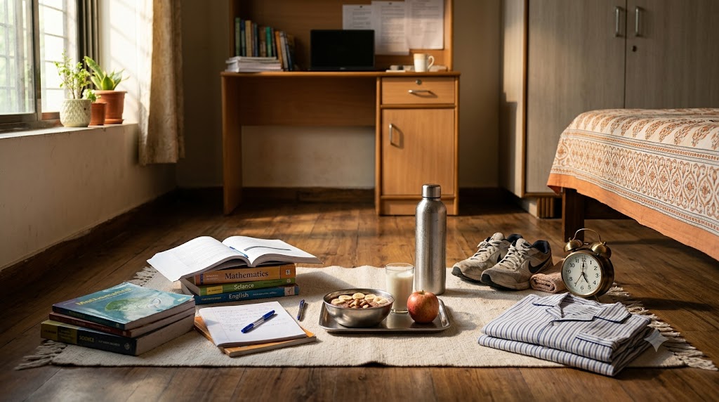 Indian student studying at a desk during board exam season