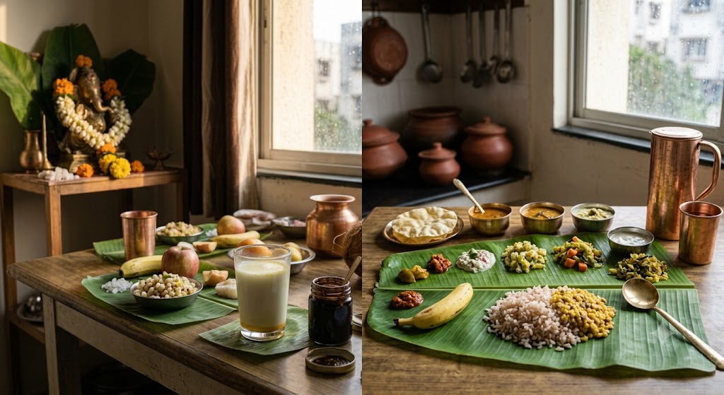 Traditional Indian festival meal of the kind eaten to break a day-long fast