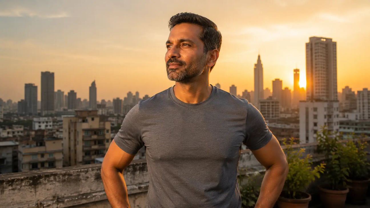 Healthy Indian man over 40 following a morning wellness routine to support energy and vitality.