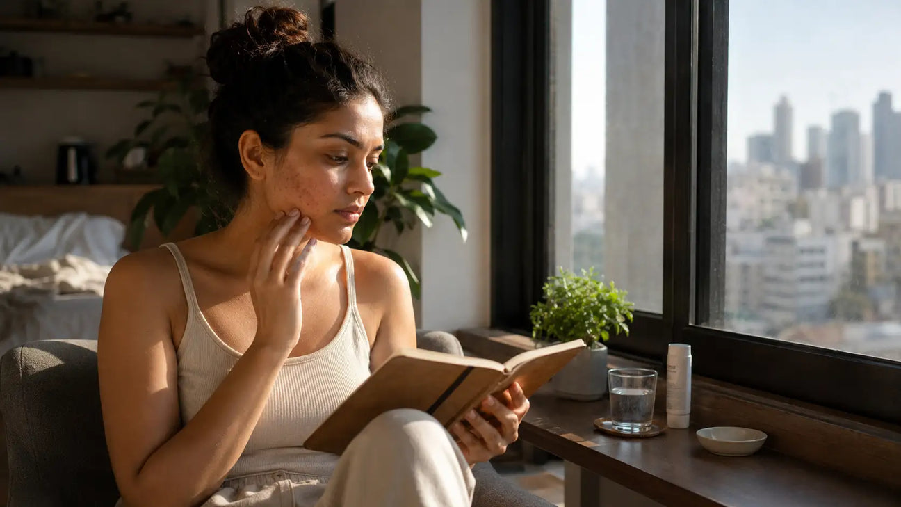 Indian woman learning about hormonal skin health and acne management