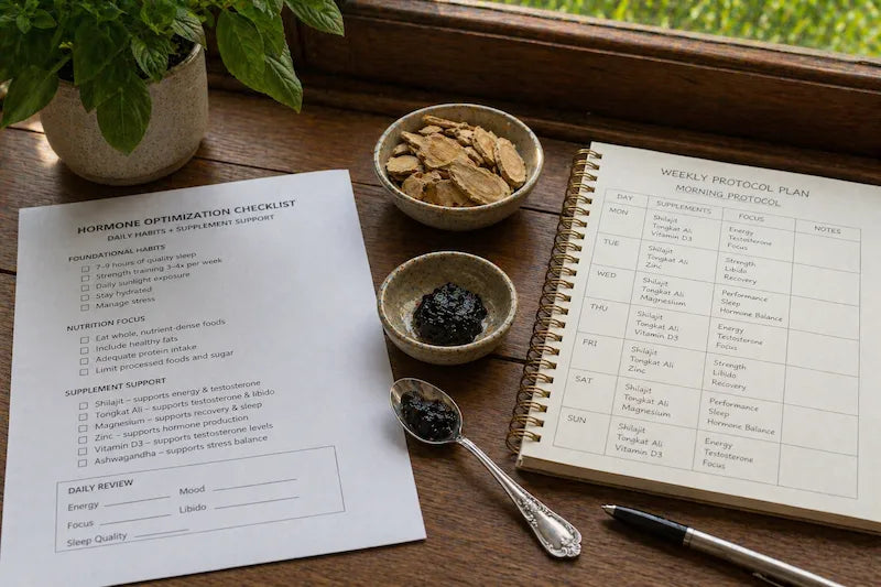 Hormone optimization workflow showing shilajit and tongkat ali supplement stack structure