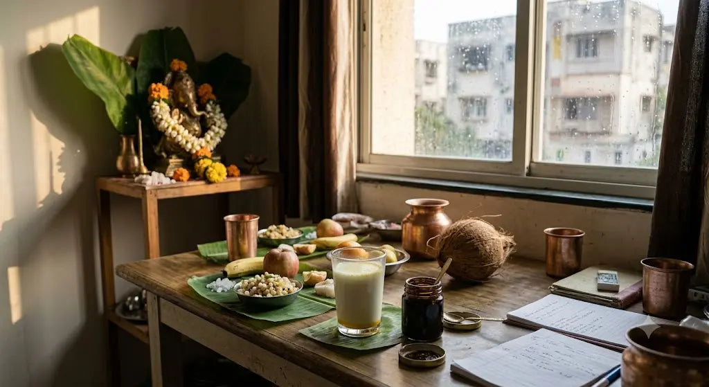 Indian family preparing traditional vrat foods during festival fasting
