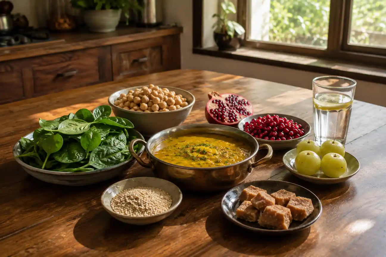 Iron-rich vegetarian foods including lentils, spinach, chickpeas, jaggery and lemon water on an Indian dining table