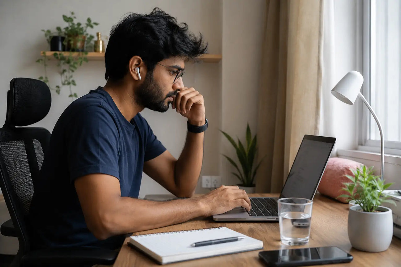 Indian IT professional working at a laptop in a calm morning workspace