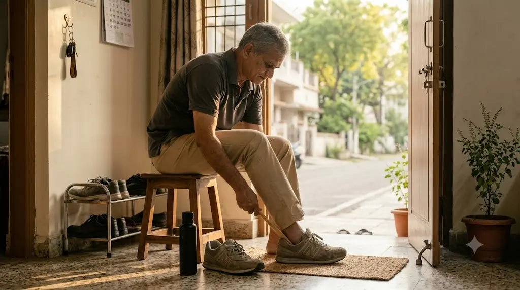 Older Indian man lacing his walking shoes in a home doorway