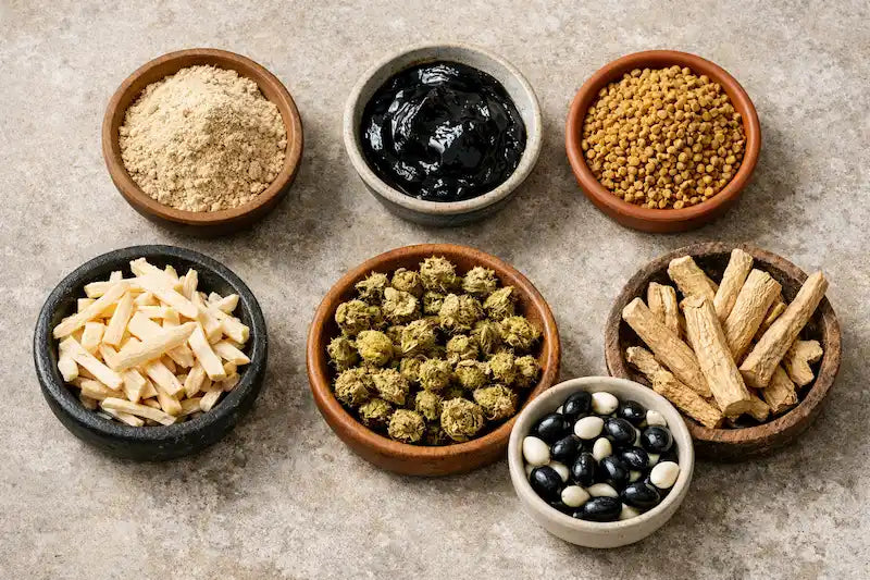 Seven natural testosterone boosting herbs used in India including shilajit ashwagandha fenugreek safed musli gokshura and kaunch beej