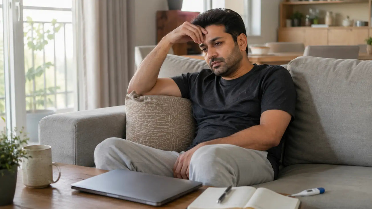 Indian person experiencing long COVID fatigue and brain fog at home