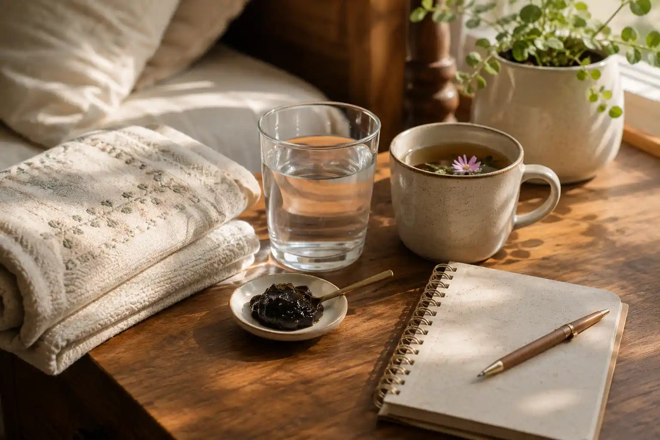 Postpartum recovery wellness setup with shilajit support
