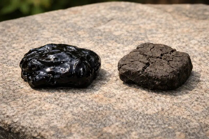 Glossy black shilajit resin beside a dull, cracked fake sample on a rock