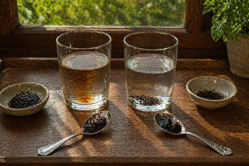 Comparison showing real shilajit dissolving in water versus fake sample leaving residue