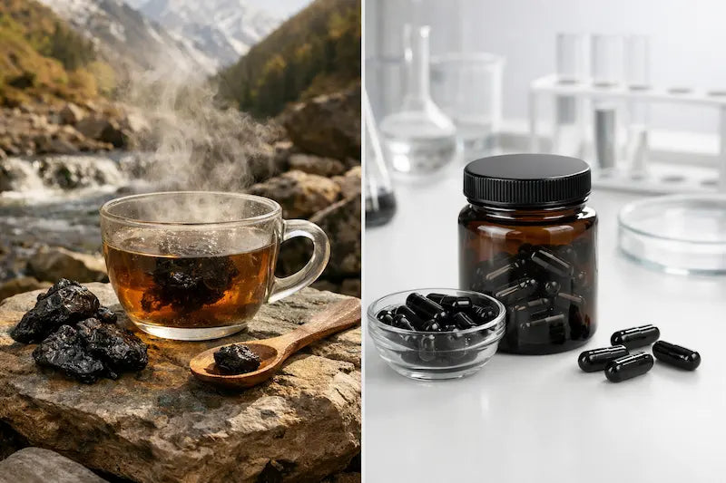 Raw shilajit resin dissolved in water beside processed shilajit capsules