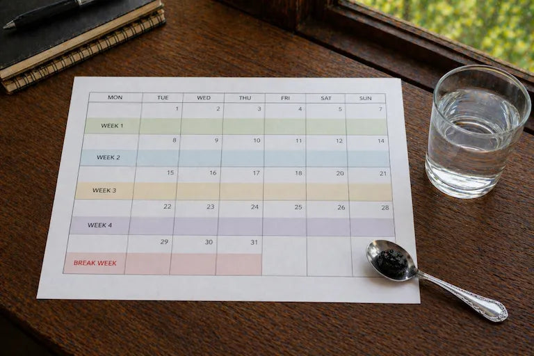 4-week shilajit cycling protocol calendar showing supplement schedule and break week