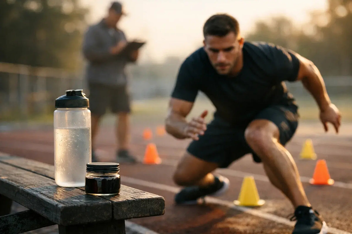 Jar of shilajit resin and a water bottle on a bench beside an athlete training on a track