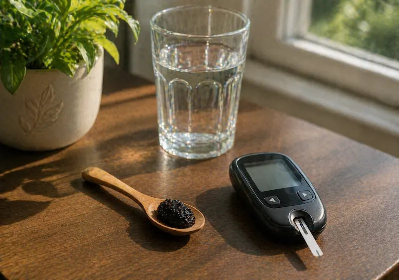 Morning routine setup showing glucometer and shilajit resin with warm water for blood sugar support