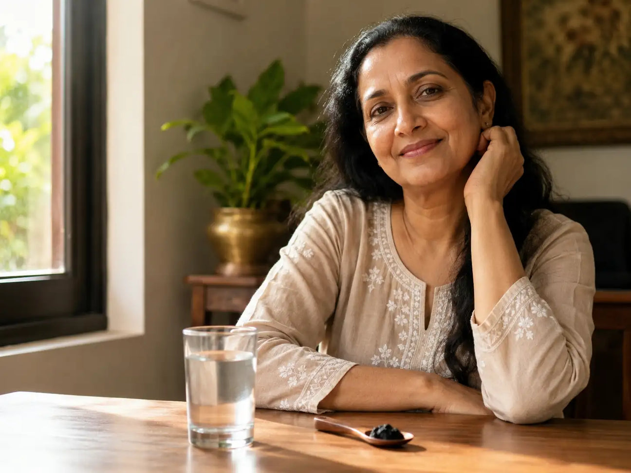 Postmenopausal woman with shilajit resin and warm water in a calm wellness setting.