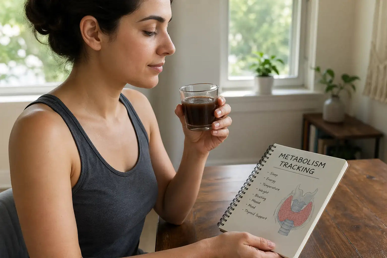 Woman using shilajit resin with warm water for thyroid health and metabolism support