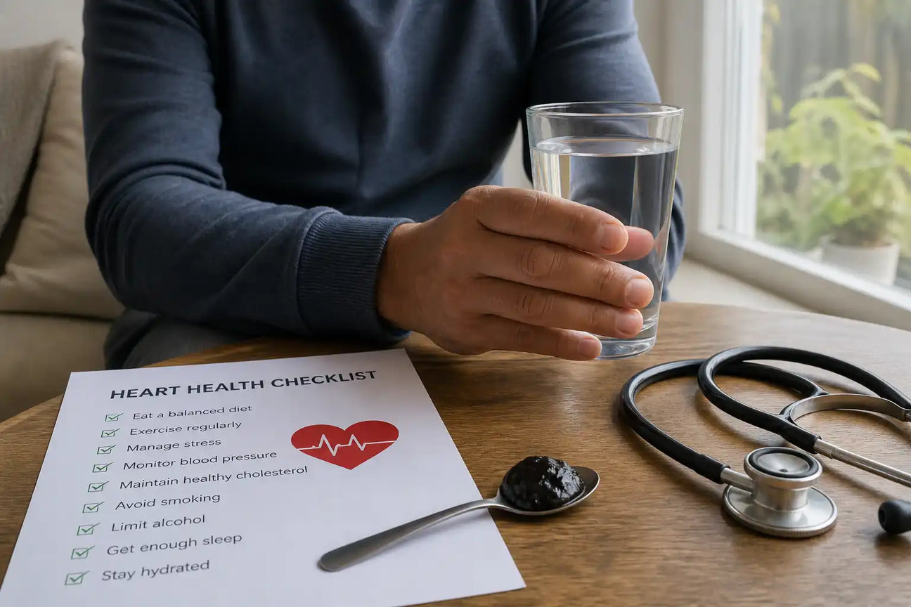 Shilajit resin placed beside heart health checklist and warm water in a natural cardiology lifestyle setup