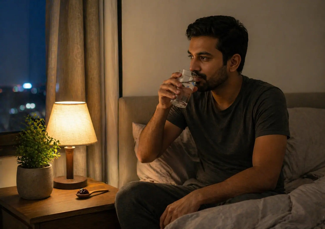 Nighttime routine with warm water and shilajit supporting natural sleep quality