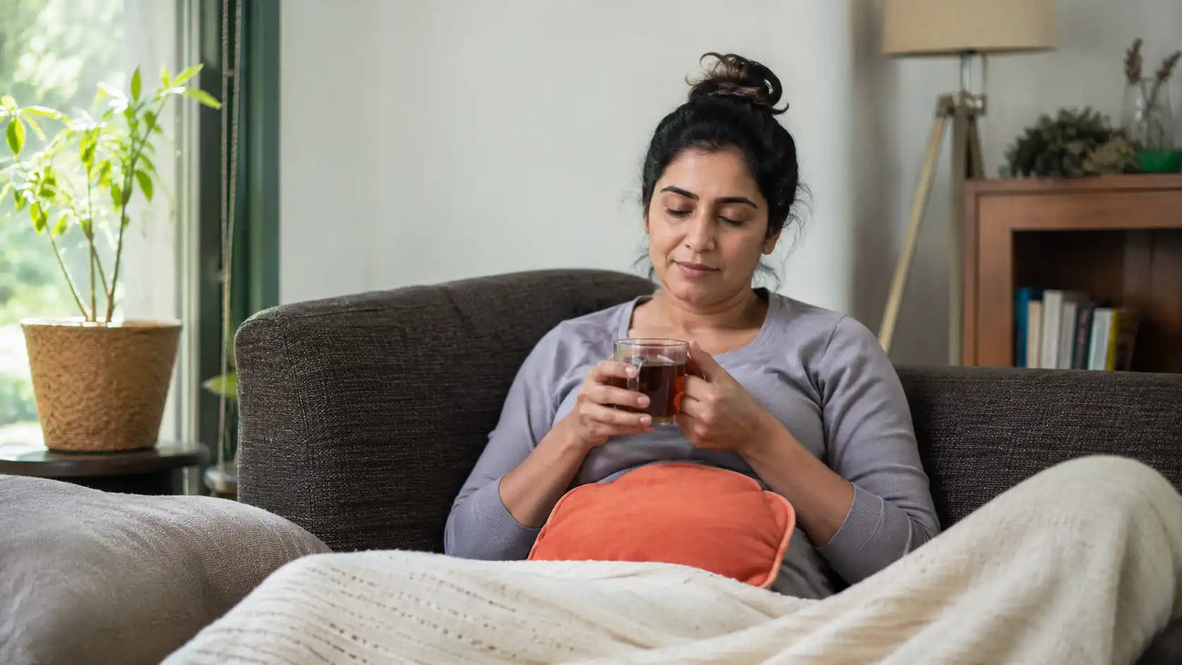 Woman resting with a heating pad and warm drink during menstrual discomfort at home