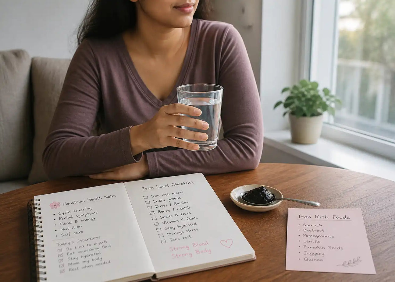Shilajit resin placed beside menstrual health checklist and warm water in natural recovery routine setup