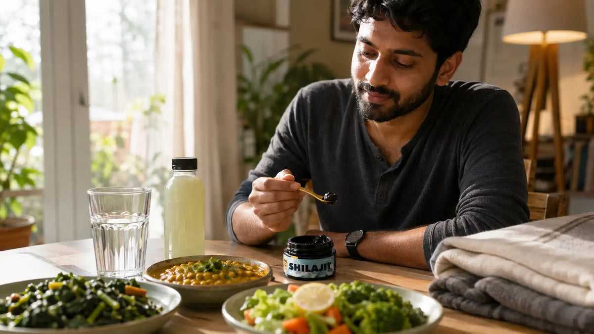 Adult recovering after illness with nutritious food, hydration and shilajit resin
