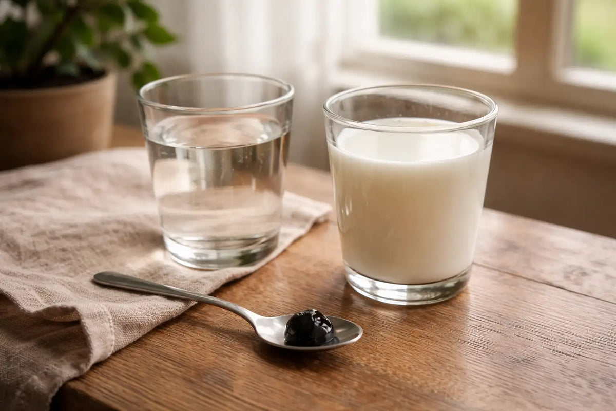 Glass of water and glass of milk beside a spoonful of shilajit resin