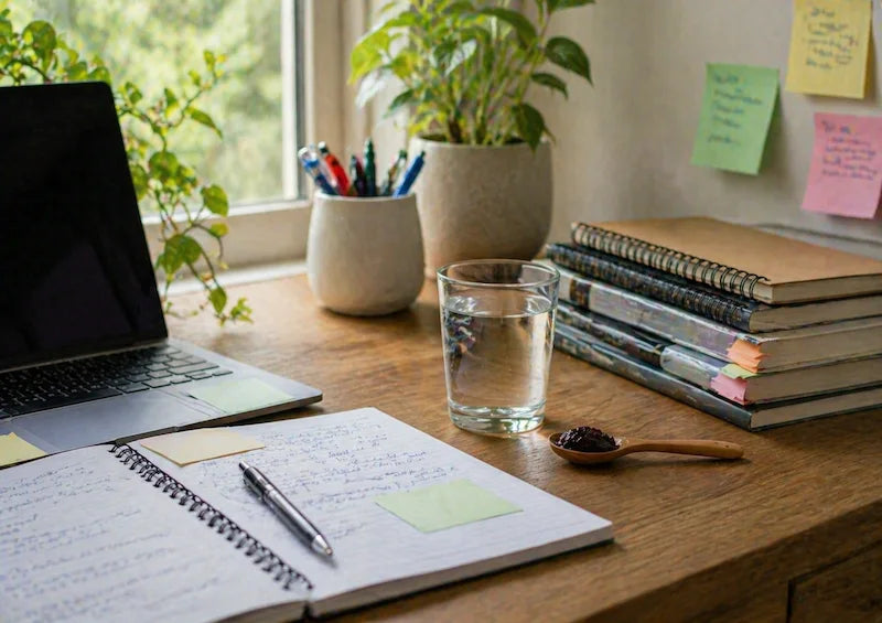 Student study desk setup with shilajit resin and warm water supporting focus during exam preparation