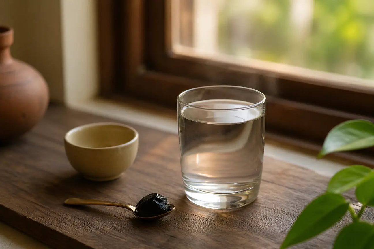 Shilajit resin with warm water showing Ayurvedic heating nature tasir explanation