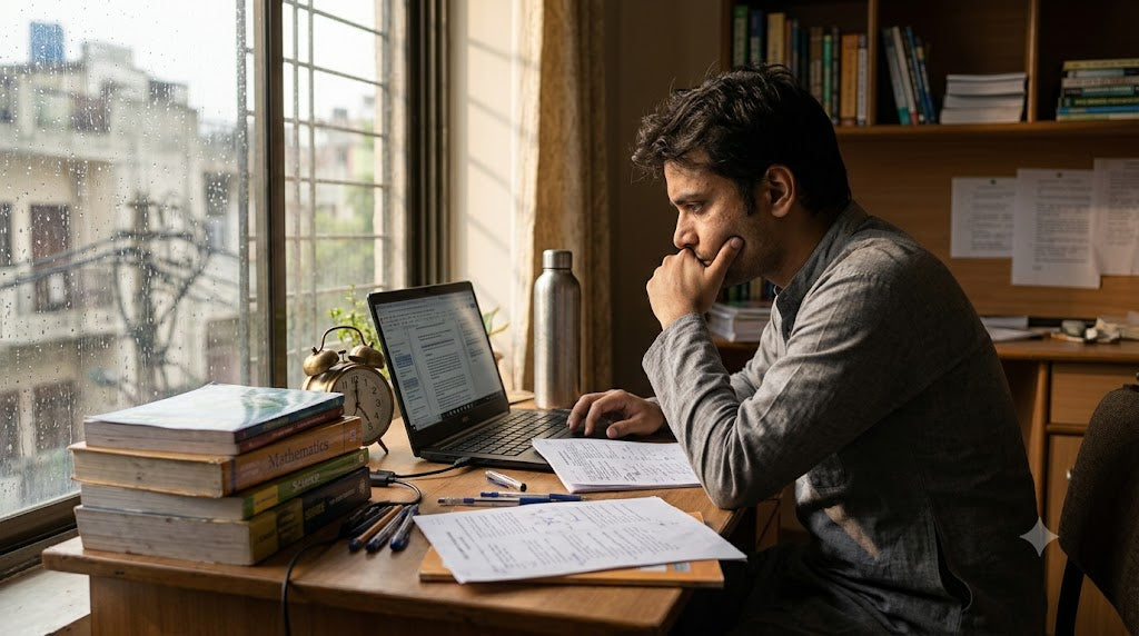 Indian UPSC aspirant studying for long hours at a desk