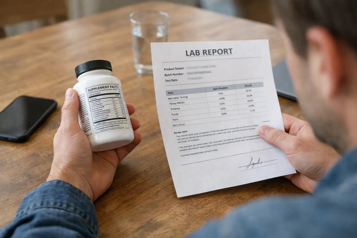 Supplement bottle label held beside an illustrative lab test report
