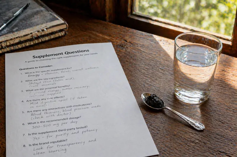 Shilajit voice search questions answered guide with supplement notes and resin spoon