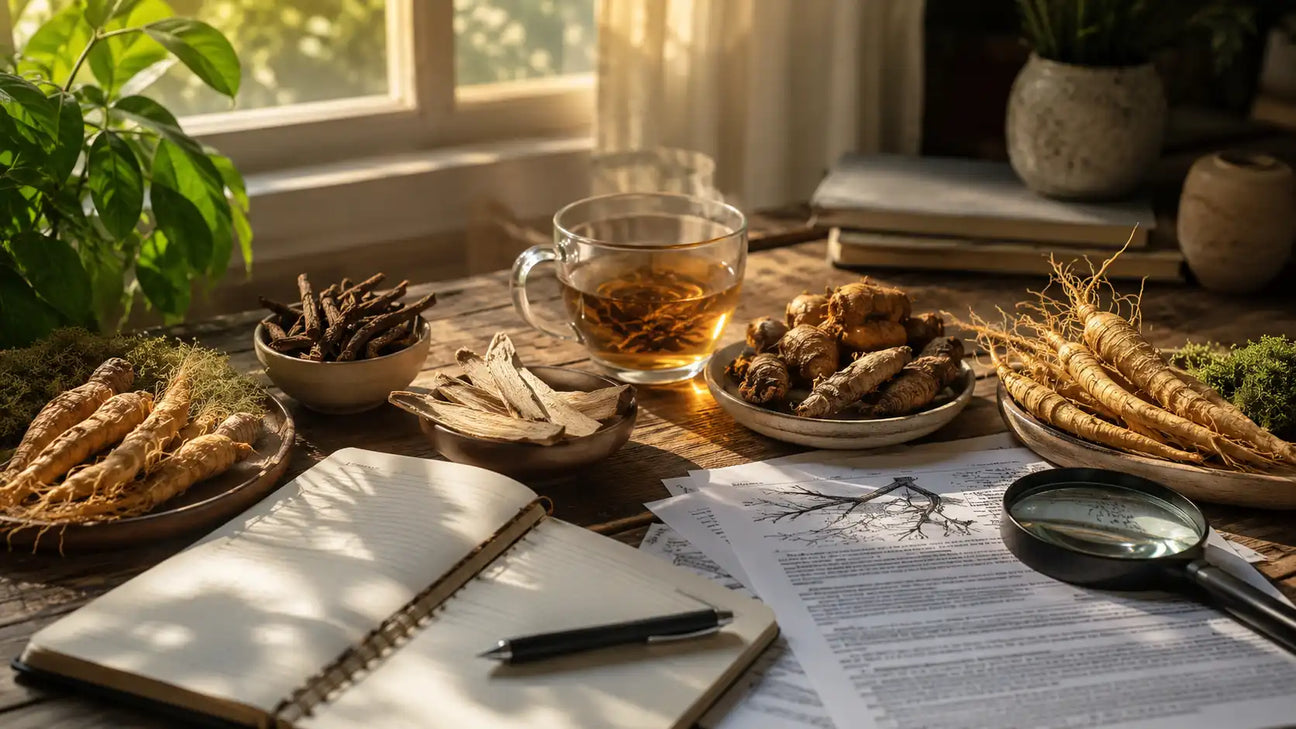Natural adaptogen comparison setup exploring stress support, energy and wellness benefits
