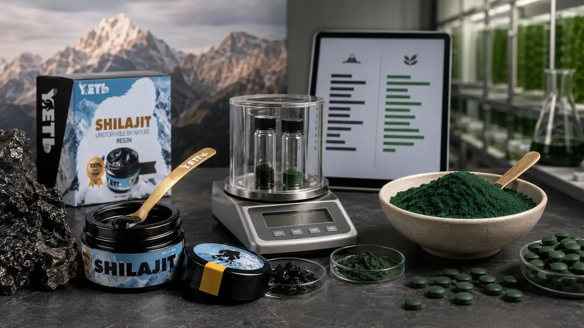 Shilajit resin and spirulina powder compared for mineral density and nutritional composition