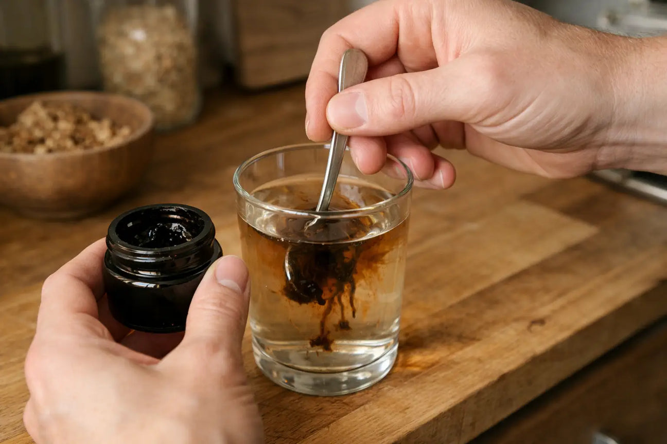 Natural shilajit resin dissolving in a warm water glass on a wooden table near a window with soft morning daylight, calm wellness lifestyle scene