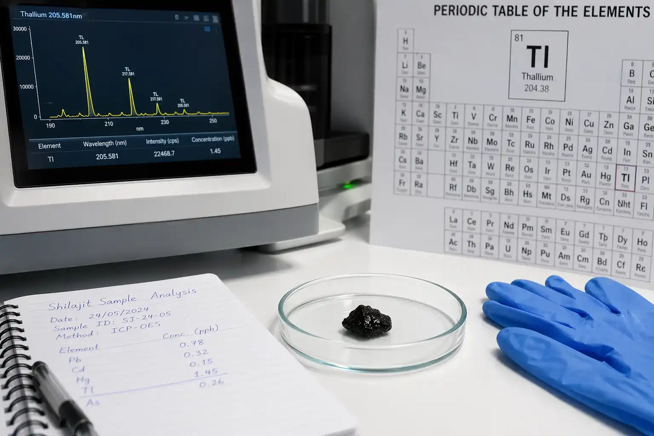 Laboratory analysis of shilajit resin sample showing heavy metal testing for thallium contamination in scientific research study
