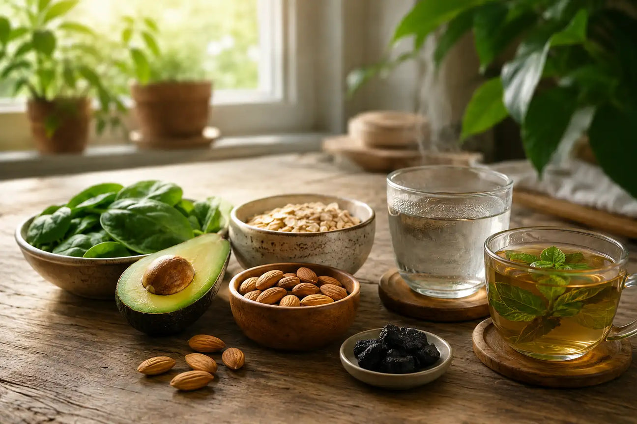 Plant-based vegan wellness setup with natural shilajit resin