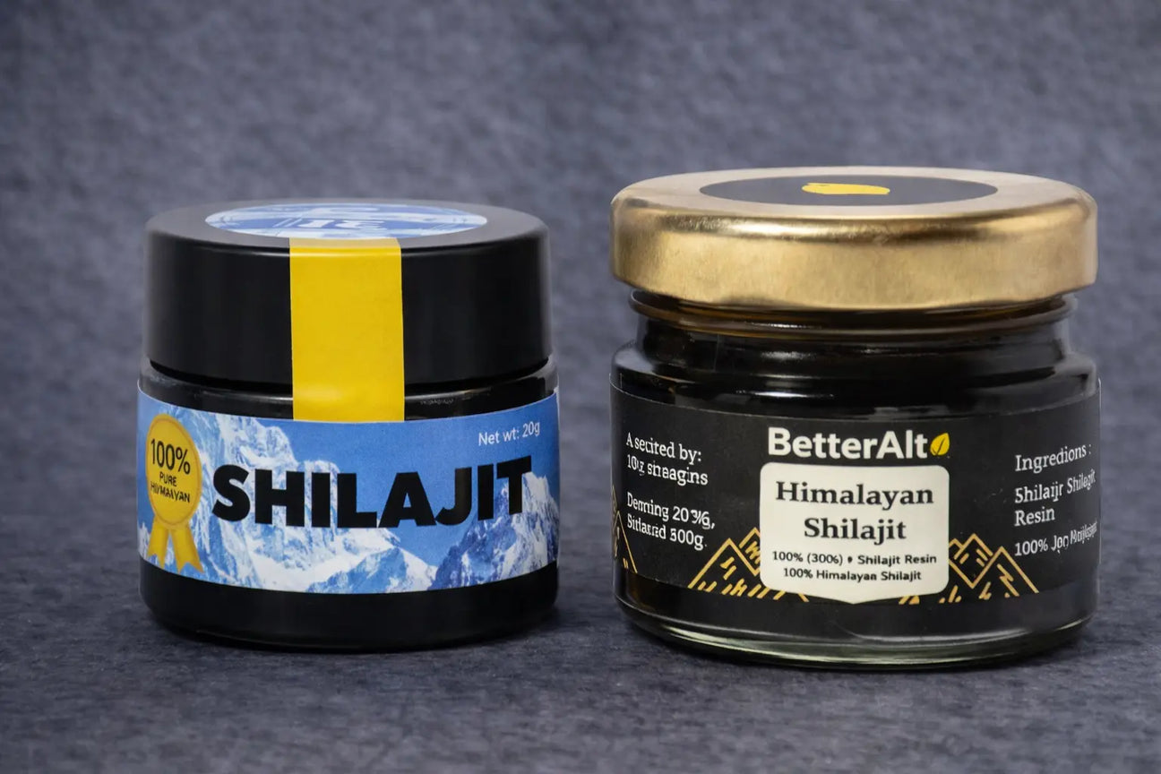 Yeti Life vs BetterAlt Shilajit comparison showing pure resin vs processed supplement form